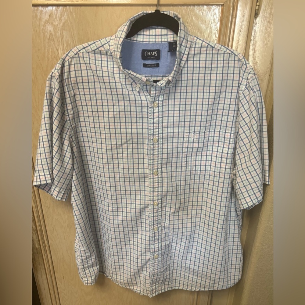 Chaps‎ Mens White Pink Blue Checkered Short Sleeve Button Down Shirt XXL Stretch